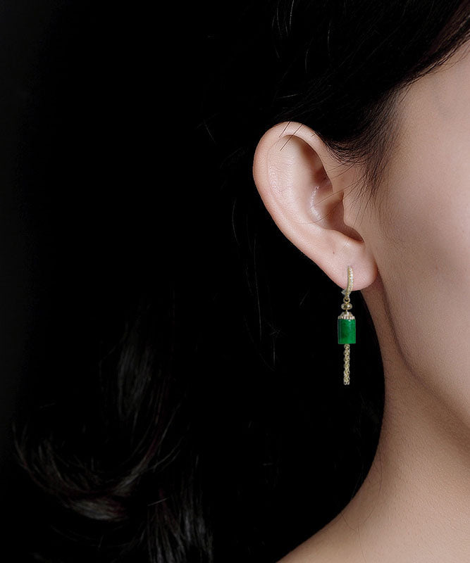 Pendientes colgantes con borlas de jade con incrustaciones de plata de ley y oro para mujer