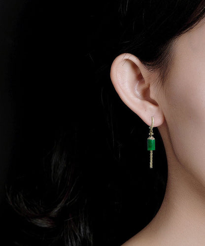Pendientes colgantes con borlas de jade con incrustaciones de plata de ley y oro para mujer