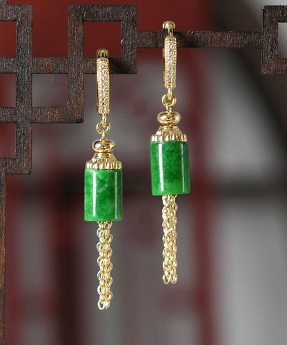 Pendientes colgantes con borlas de jade con incrustaciones de plata de ley y oro para mujer