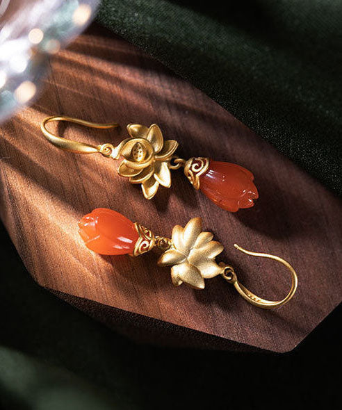 Damen-Ohrringe aus vergoldetem Sterlingsilber mit Achat und Magnolienblüte