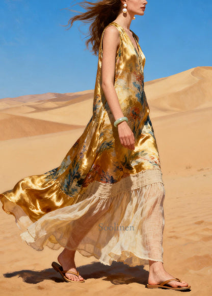 Women Golden V Neck Patchwork Linen Silk Vacation Dresses Summer
