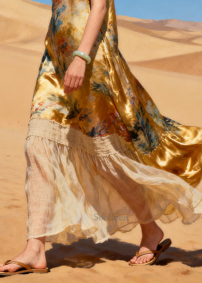 Women Golden V Neck Patchwork Linen Silk Vacation Dresses Summer