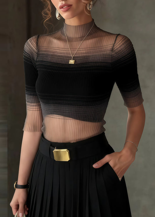 Women Gradient Black Stand Collar Tulle Tank Half Sleeve