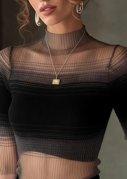 Women Gradient Black Stand Collar Tulle Tank Half Sleeve