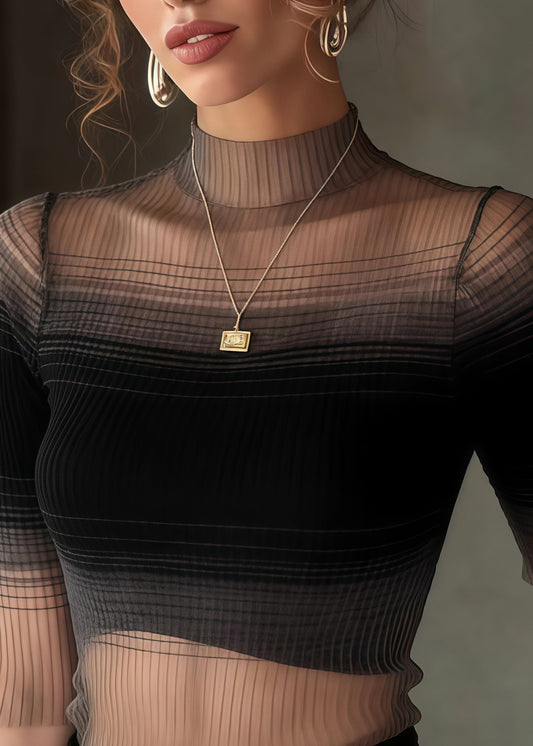 Women Gradient Black Stand Collar Tulle Tank Half Sleeve