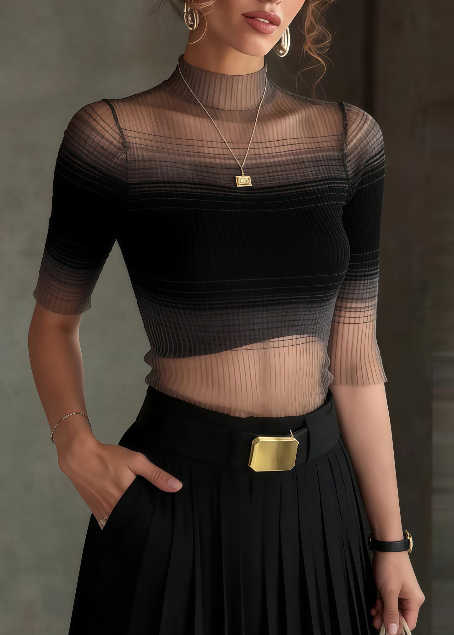 Women Gradient Black Stand Collar Tulle Tank Half Sleeve