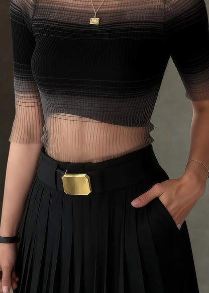 Women Gradient Black Stand Collar Tulle Tank Half Sleeve