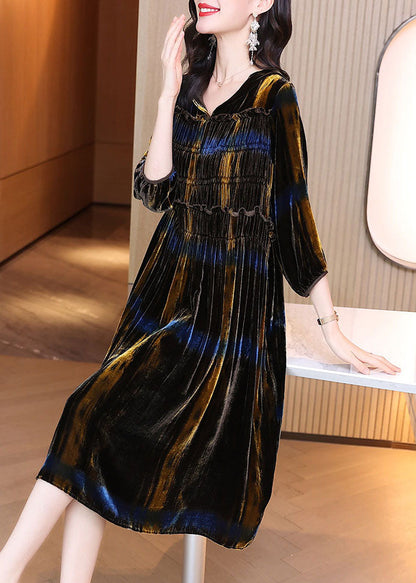 Frauen Farbverlauf faltig Velours Urlaub Kleid Winter