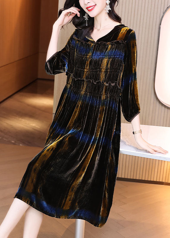 Frauen Farbverlauf faltig Velours Urlaub Kleid Winter