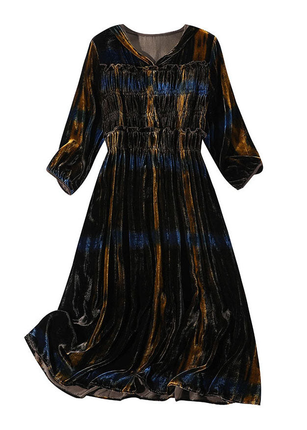 Frauen Farbverlauf faltig Velours Urlaub Kleid Winter