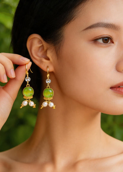 Women Grass Green Fine Crystal Original Design Drop Earrings
