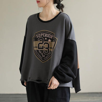 Women Gray alphabet Prints cotton Tunics for women Patchwork daily Spring top - SooLinen