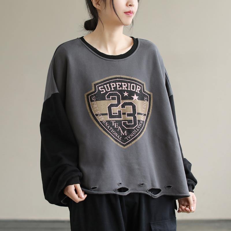 Women Gray alphabet Prints cotton Tunics for women Patchwork daily Spring top - SooLinen