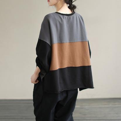 Women Gray alphabet Prints cotton Tunics for women Patchwork daily Spring top - SooLinen