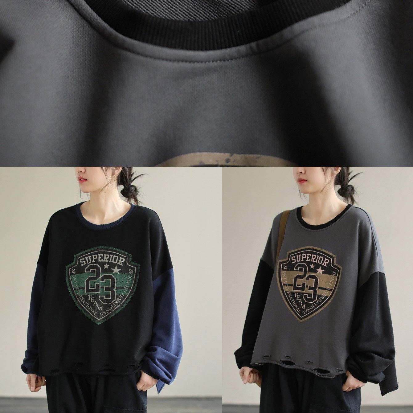 Women Gray alphabet Prints cotton Tunics for women Patchwork daily Spring top - SooLinen