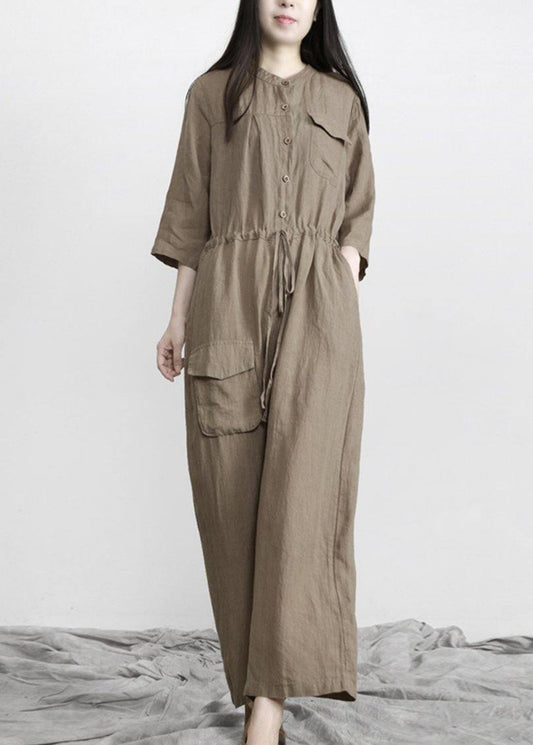 Women Gray drawstring Outfits Rompers Linen - SooLinen