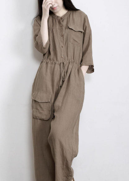 Women Gray drawstring Outfits Rompers Linen - SooLinen