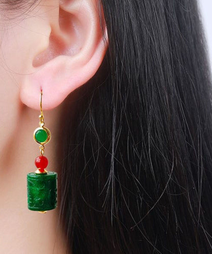 Damen Grüne 14K Gold Tropfen Ohrringe aus getrocknetem grünem Jade-Achat