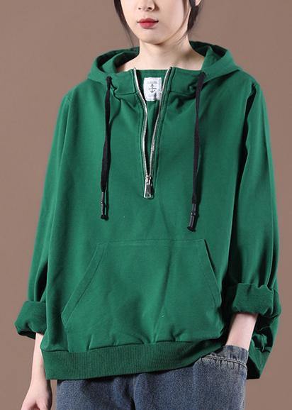 Women Green Art Drawstring Autumn Tops - SooLinen