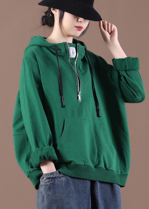 Women Green Art Drawstring Autumn Tops - SooLinen