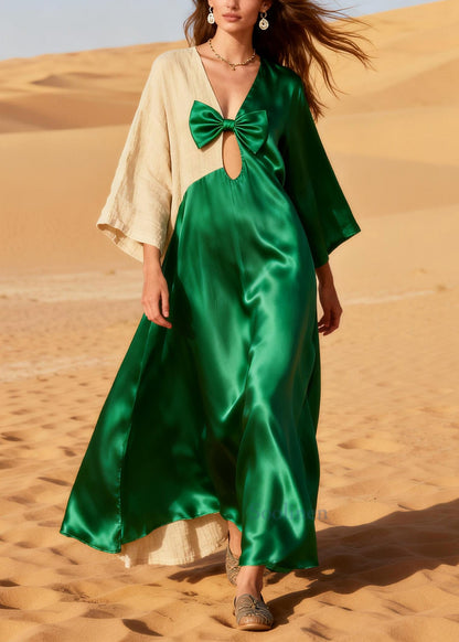 Women Green Asymmetrical Patchwork Bow Silk Maxi Dress Summer
