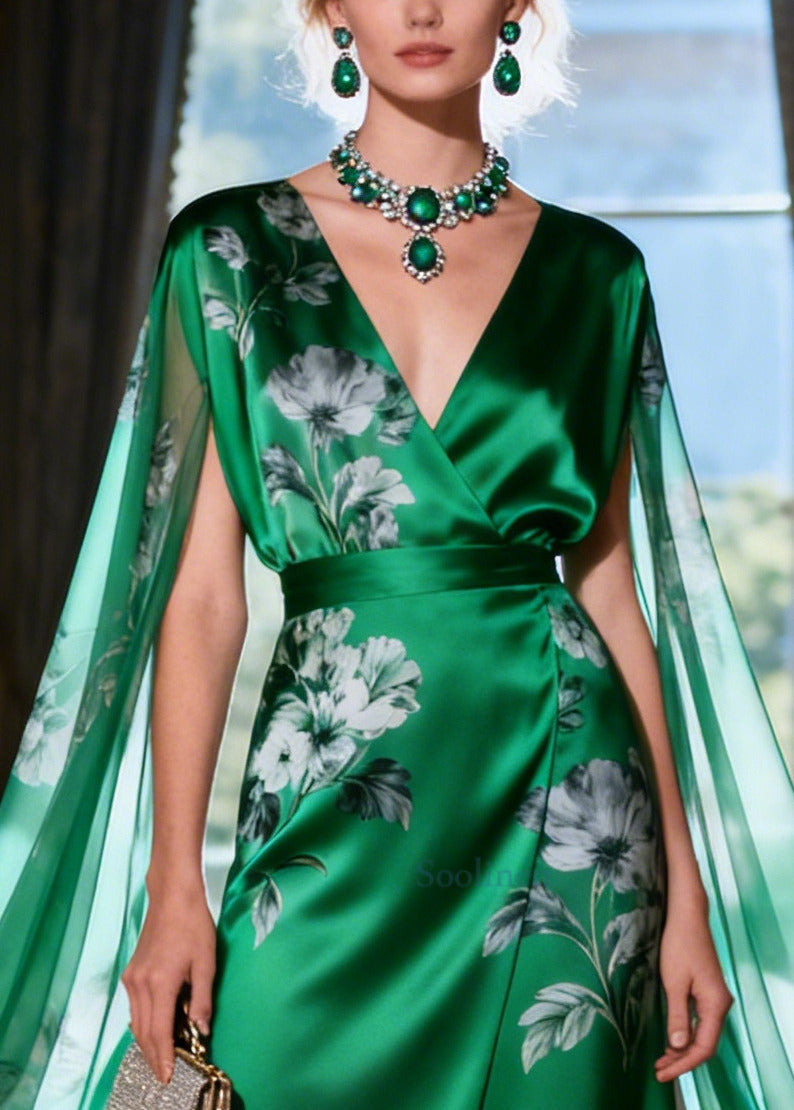 Women Green Asymmetrical Patchwork Silk Holiday Dress Cloak Sleeves