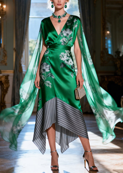 Women Green Asymmetrical Patchwork Silk Holiday Dress Cloak Sleeves