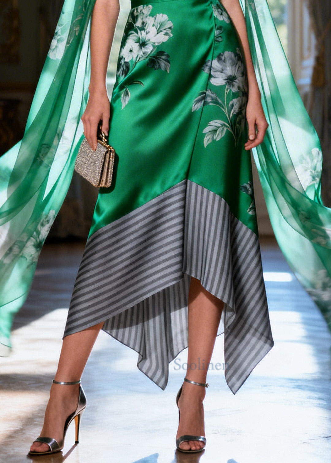 Women Green Asymmetrical Patchwork Silk Holiday Dress Cloak Sleeves