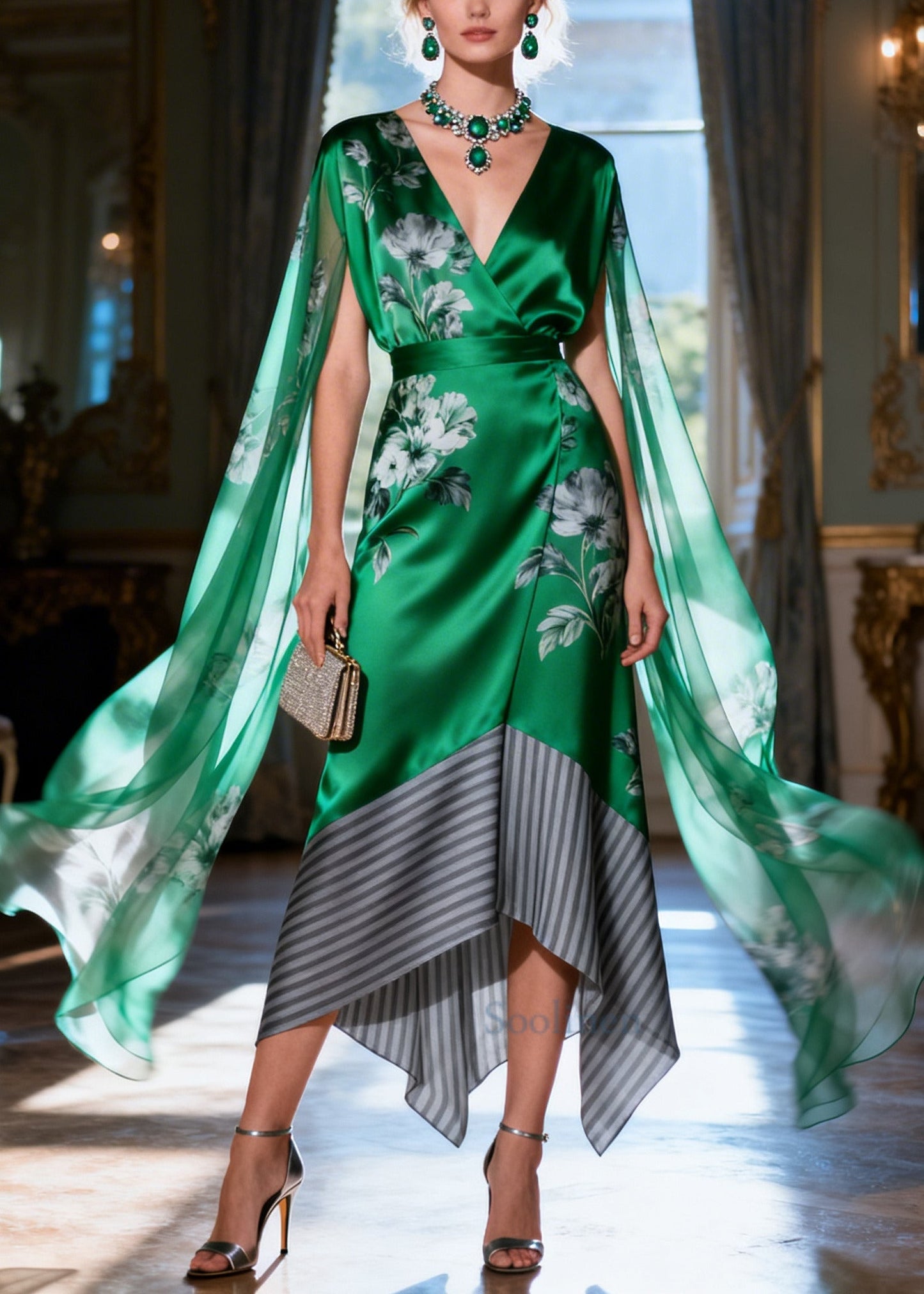 Women Green Asymmetrical Patchwork Silk Holiday Dress Cloak Sleeves