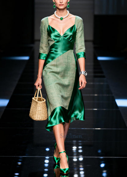 Women Green Asymmetrical Patchwork Silk Maxi Dresses Summer