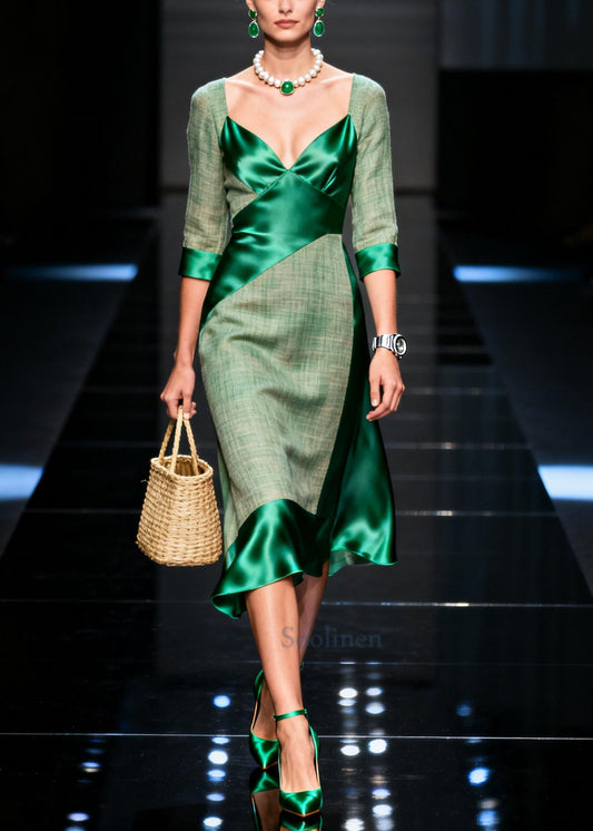 Women Green Asymmetrical Patchwork Silk Maxi Dresses Summer