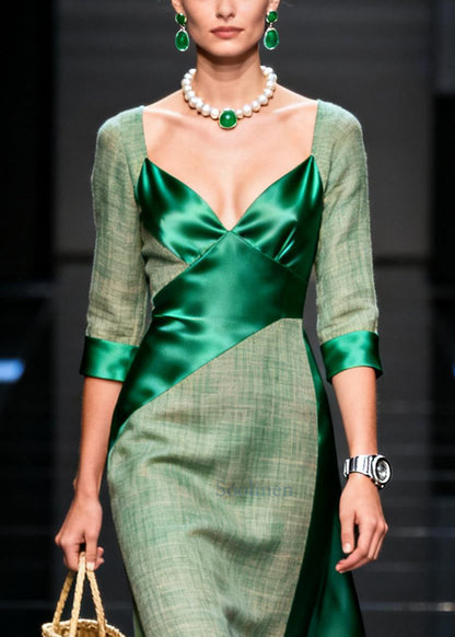 Women Green Asymmetrical Patchwork Silk Maxi Dresses Summer