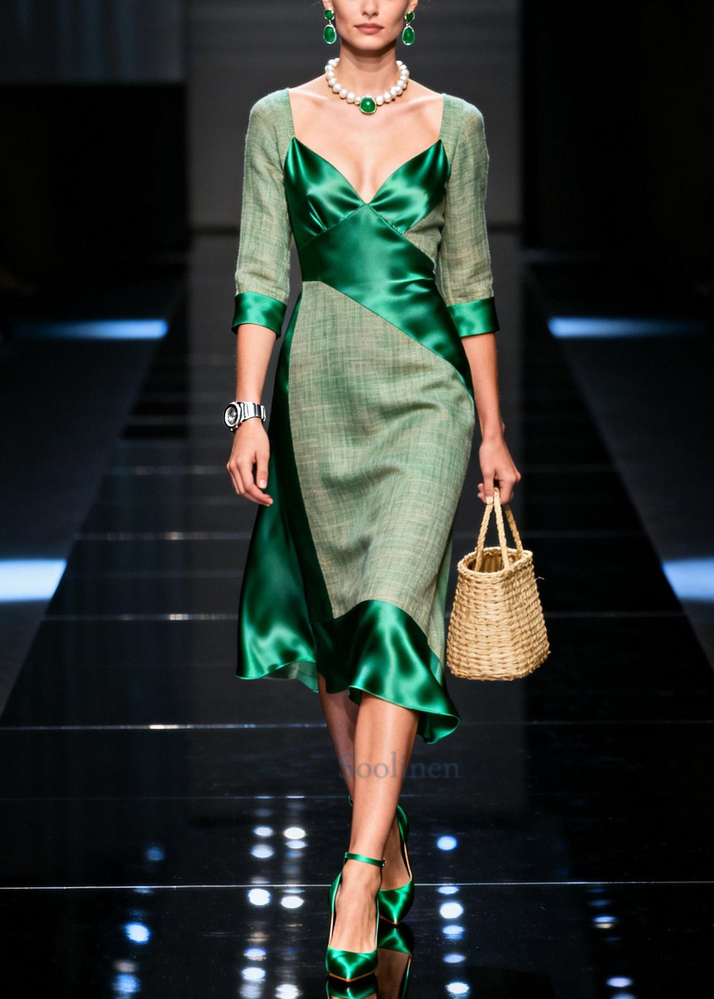 Women Green Asymmetrical Patchwork Silk Maxi Dresses Summer