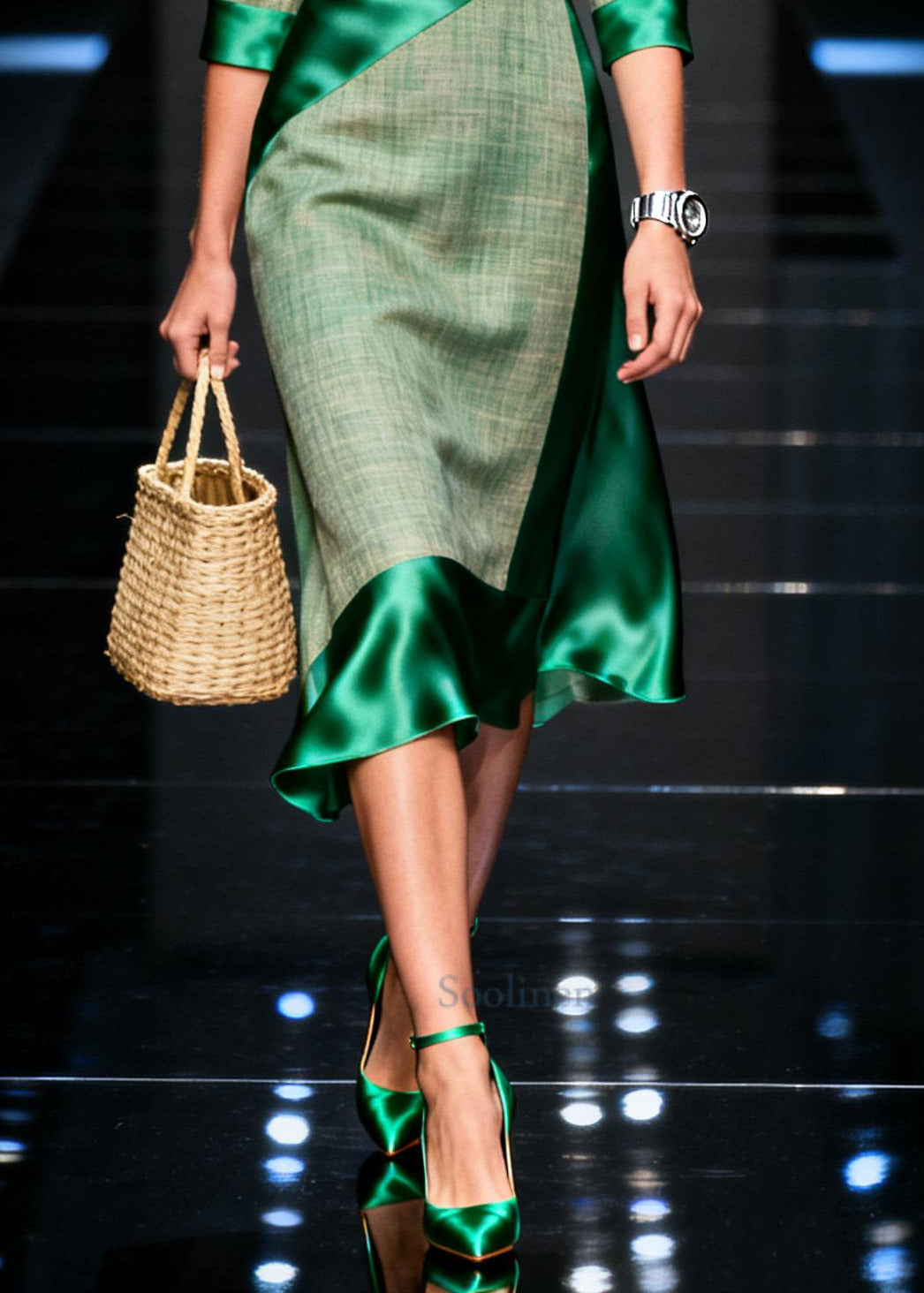 Women Green Asymmetrical Patchwork Silk Maxi Dresses Summer