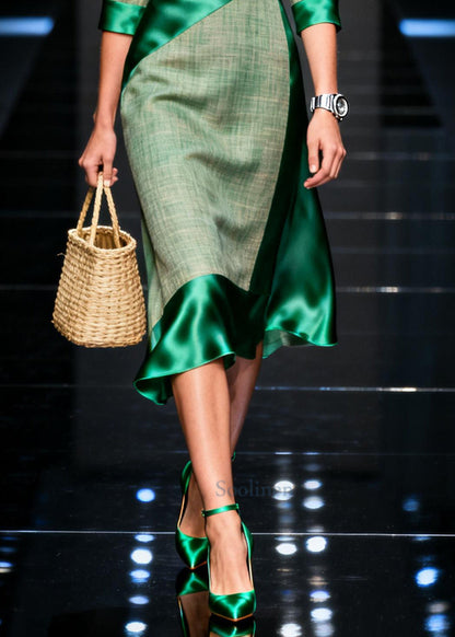 Women Green Asymmetrical Patchwork Silk Maxi Dresses Summer
