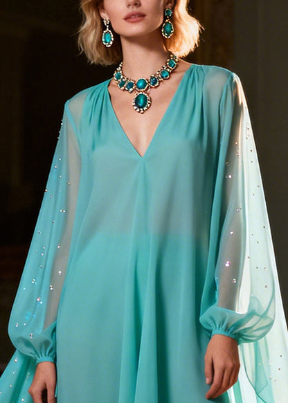 Women Green Asymmetrical Sequins Chiffon Long Dresses Summer