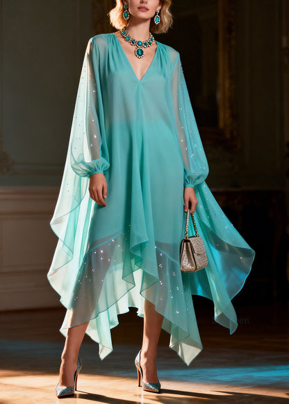 Women Green Asymmetrical Sequins Chiffon Long Dresses Summer