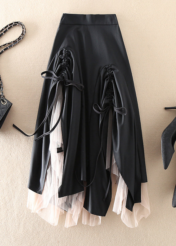 Frauen Grün Asymmetrische kordelzug Patchwork Tüll Röcke Frühling