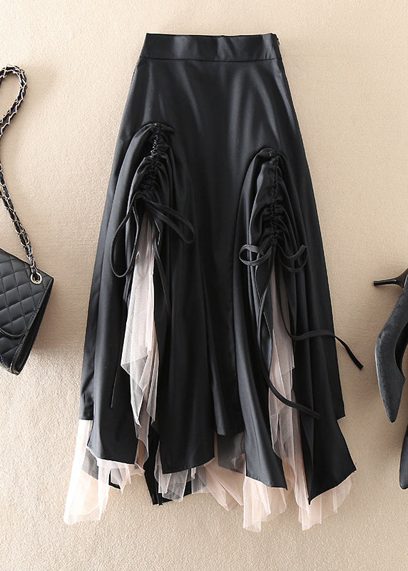 Frauen Grün Asymmetrische kordelzug Patchwork Tüll Röcke Frühling