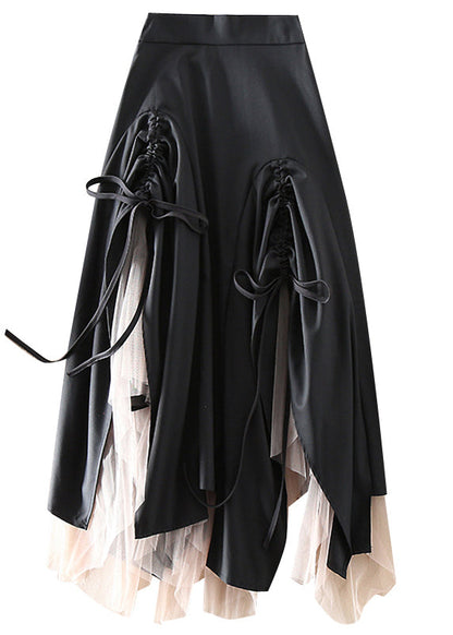 Frauen Grün Asymmetrische kordelzug Patchwork Tüll Röcke Frühling