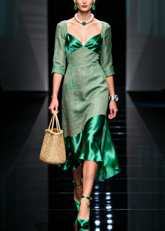 Women Green Bustier Top Patchwork Cotton Party Dress Summer