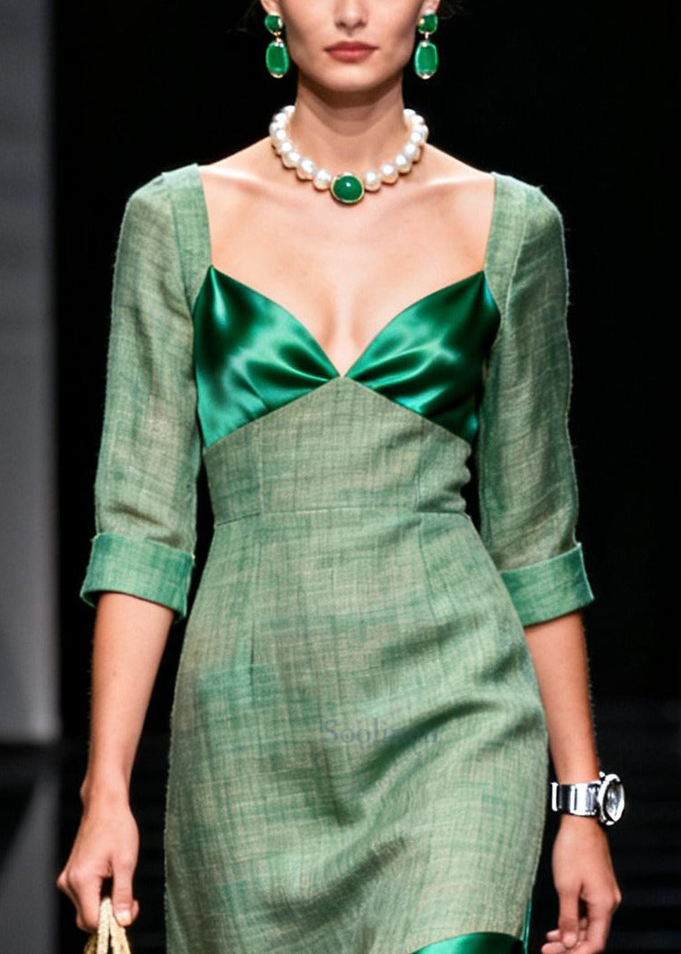 Women Green Bustier Top Patchwork Cotton Party Dress Summer