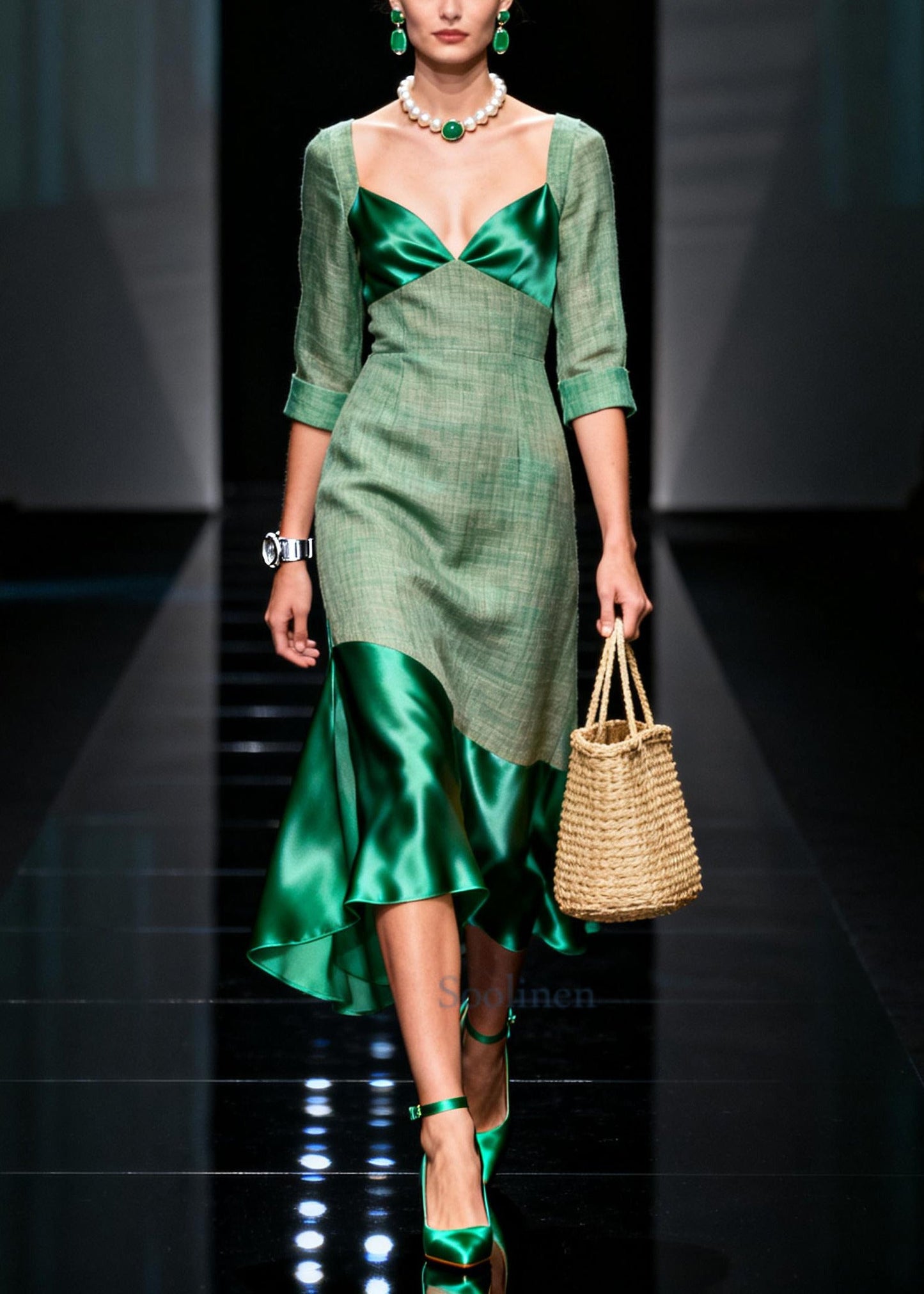 Women Green Bustier Top Patchwork Cotton Party Dress Summer