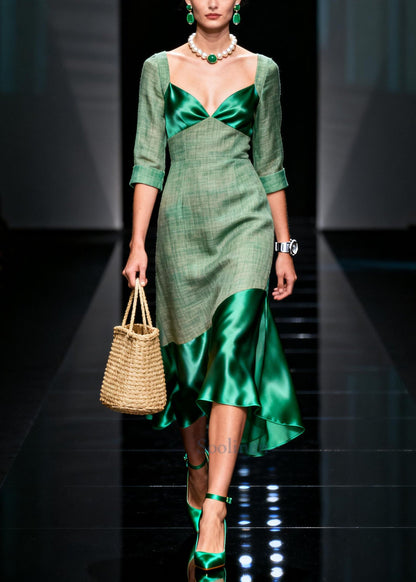 Women Green Bustier Top Patchwork Cotton Party Dress Summer