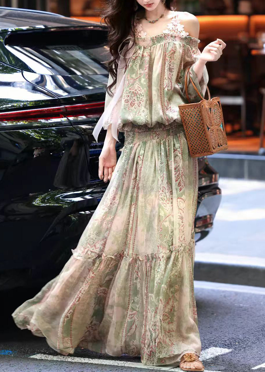 Women Green Cold Shoulder Print Chiffon Two Pieces Set Summer