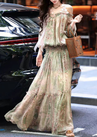 Women Green Cold Shoulder Print Chiffon Two Pieces Set Summer