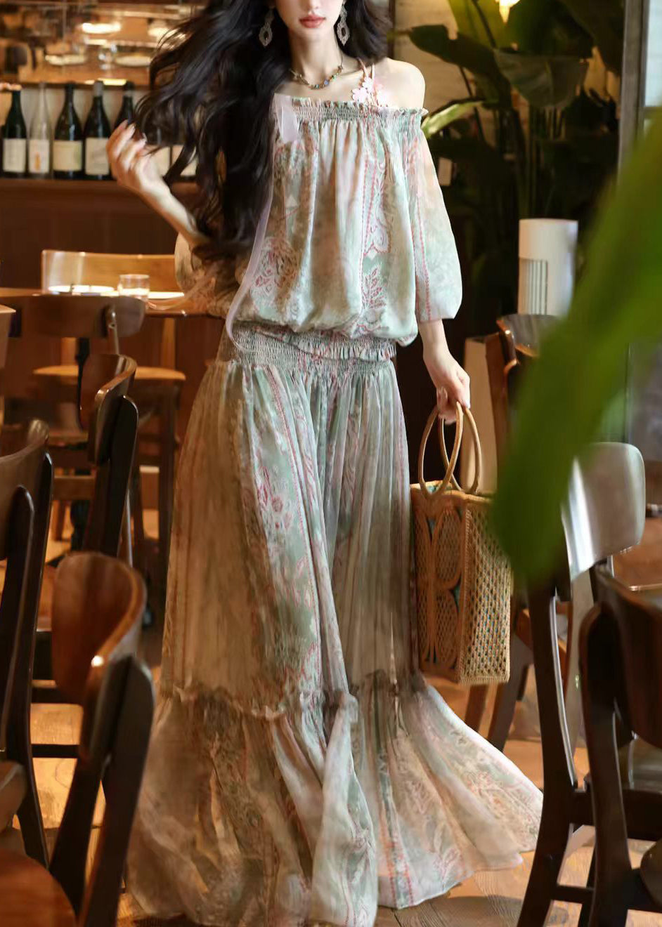 Women Green Cold Shoulder Print Chiffon Two Pieces Set Summer