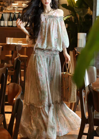 Women Green Cold Shoulder Print Chiffon Two Pieces Set Summer
