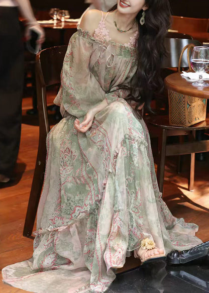 Women Green Cold Shoulder Print Chiffon Two Pieces Set Summer