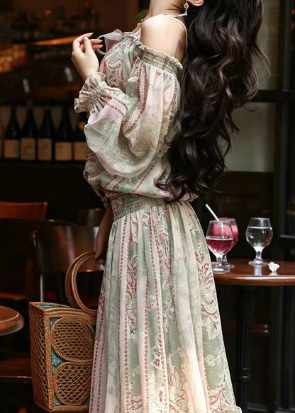 Women Green Cold Shoulder Print Chiffon Two Pieces Set Summer